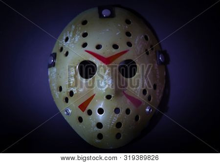AUG 25 2019: Studio portrait of the hockey mask worn by slasher Jason Voorhees from the Friday the 13th movie franchise
