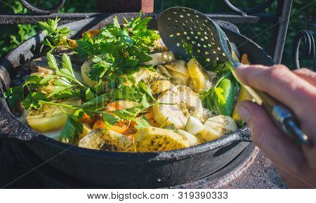 Khashlama,ooked Veggie And Lamb Stew , Armenian, Georgian Cuisine, Traditional Assorted Dishes, Top 