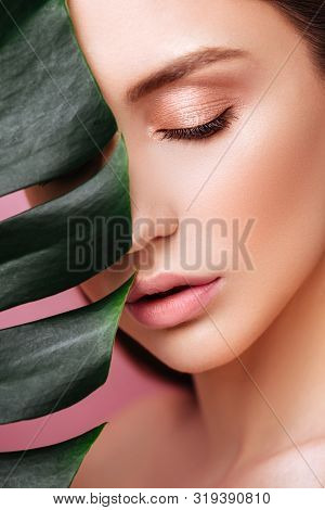 Beauty Woman With Natural Green Palm Leaf Portrait, Model Girl With Perfect Makeup, Natural Eyeshado