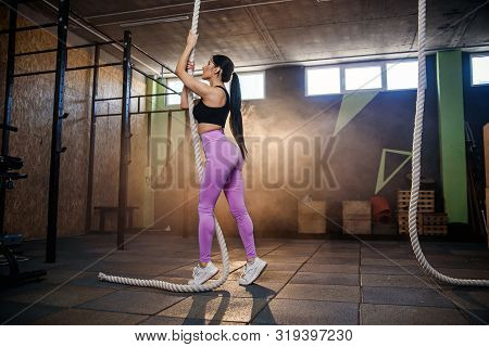 Young Sports Woman Near Gymnastic Rope Prepares To Exercising In The Gym With Smoke On The Sunlight 