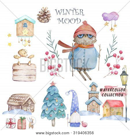 Owl In A Cap And Scarf Were Drawn By Hand. Cute Watercolor Colorful Set Illustration For Greeting Ca