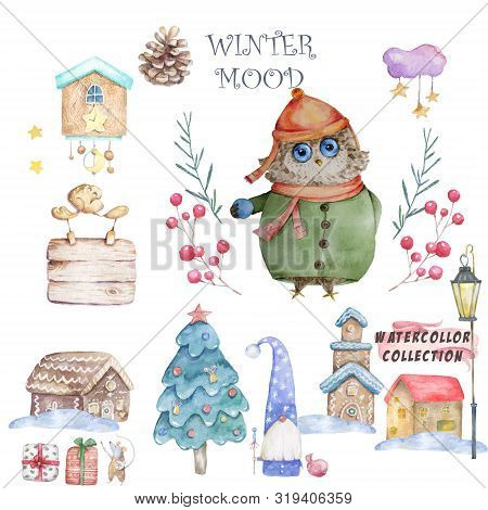 Owl In A Cap And Scarf Were Drawn By Hand. Cute Watercolor Colorful Set Illustration For Greeting Ca