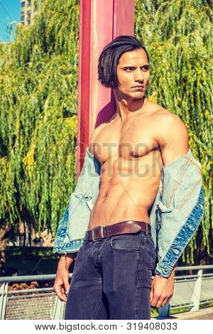 half black half red denim jacket