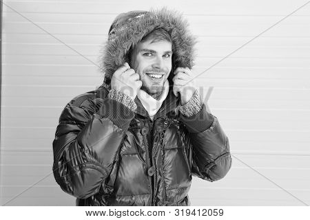 Comfortable Winter Clothing. Keep Warm. Winter Stylish Menswear. Man Bearded Hipster Wear Warm Jacke