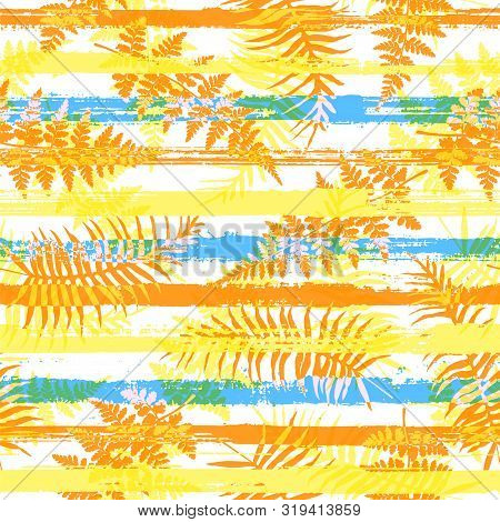 Decorative New Zealand Fern Frond And Bracken Grass Over Painted Stripes Seamless Pattern Design. So