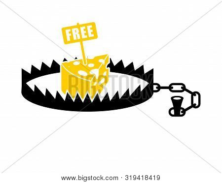 Bear Trap And Free Cheese. Metal Animal Mantrap. Vector Illustration
