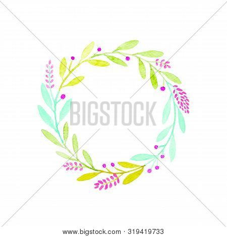 Watercolor Illustration Art Design, Flower Wreath In Watercolor Hand Pianting Style Isolated On Whit