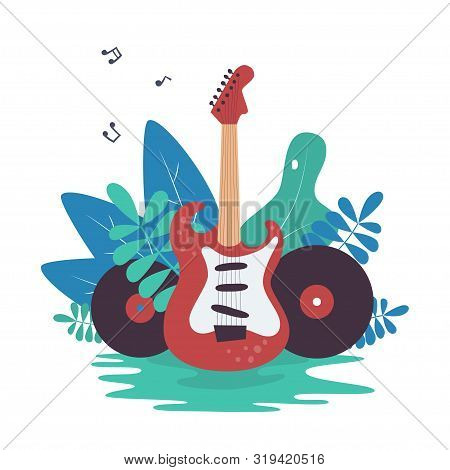Electric Guitar, Vinyl Records And Nature. Great Element For Music Festival Or T-shirt. Concept. Vec