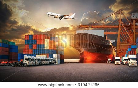 Logistics And Transportaindustrial Container Cargo Freight Ship, Forklift Handling Container Box Loa
