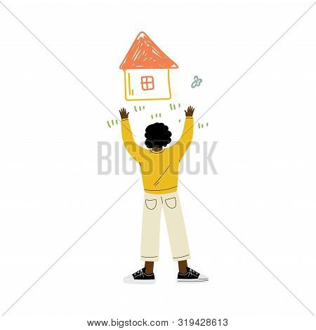 Cute African American Boy Drawing On Wall, View From Behind Vector Illustration