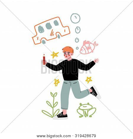 Boy Drawing On Wall With Color Pencils, Creativity Development Of Kids Vector Illustration