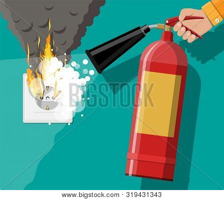 Electrical Outlet With Plug On Fire And Fire Extinguisher In Hand With Foam. Overload Of Network. Sh