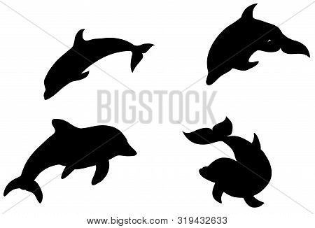 Black Illustration Pattern Of Watercolor Swimming Dophins Isolated On White Background
