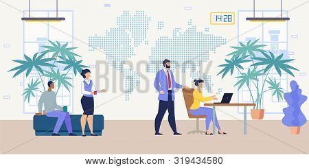 Coffee Break In Office Work, Company Personnel Communication, Business Teamwork Flat Vector Concept.
