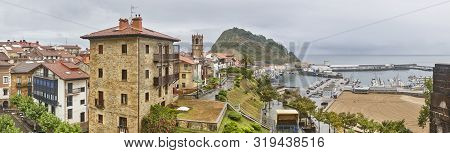 Panoramic View Of Guetaria With Harbor And Village. Euskadi, Spain