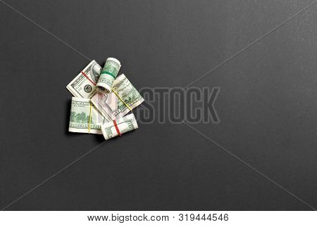 Stacks Of One Hundred Dollars Banknotes Close-up On Colored Background Business Concept Top View Wit