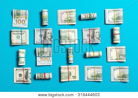Money Background With American Hundred Dollar Bills On Top Wiev With Copy Space For Your Text In Bus