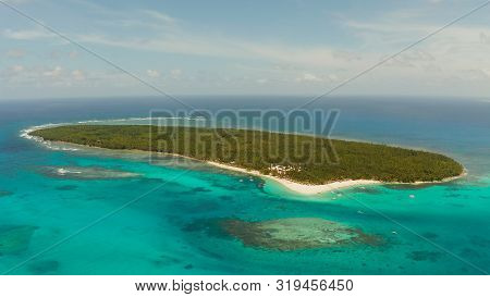 Sand Beach And Tropical Islands, Palm Trees By Atoll With Coral Reef, Top View.daco Island, Philippi