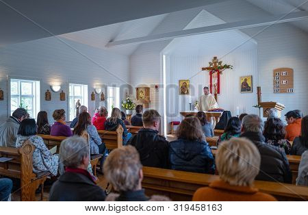 Akureyri, Iceland - June 2, 2019:     A Religious Rite In The Catholic Church