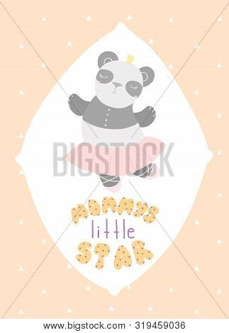 Cute Childrens Card Panda Ballerina Lettering Mammys Little Star, Flat Style