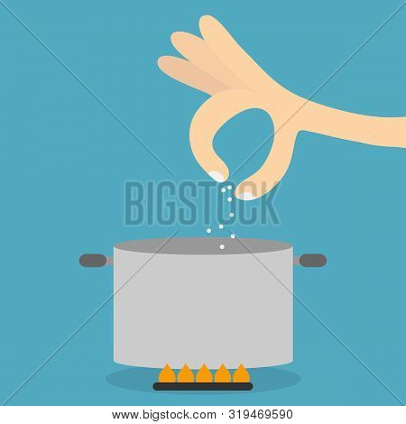 Cooking Food Concept. Boilling Water In Pan. Hand With Salt. Flat Vector Illustration