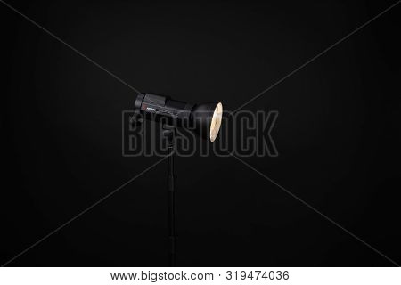 Photo Studio Strobe Light Flash Bulb Monoblock. Close Up View Of Professional Studio Strobe Flash La