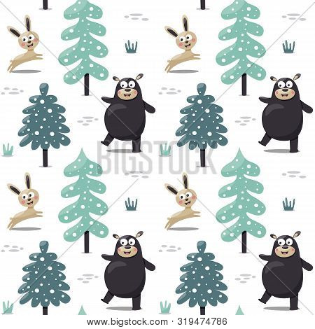 Seamless Cute Pattern Bear Hare Rabbit Tree Mountains
