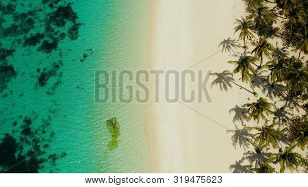 Coast With Sandy Beach With Tourists And Clear Blue Sea Top View, Puka Shell Beach. Boracay, Philipp