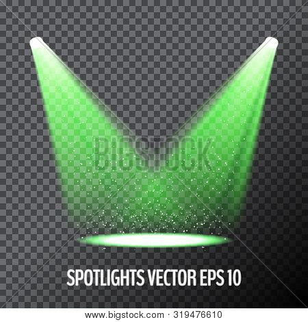 Glowing Green Spotlights. Pair Of Illumination Stage Lights. Vector Illustration For Your Graphic De