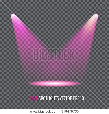 Glowing Purple Spotlights. Pair Of Illumination Stage Lights. Vector Illustration For Your Graphic D