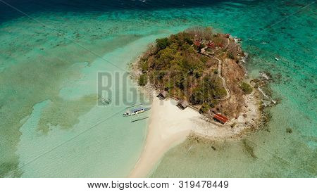 Tropical Island And Sand Beach, Turquoise Water And Coral Reef, Aerial View. Philippines, Palawan. T