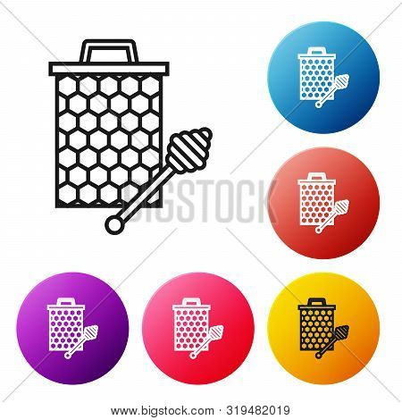 Black Line Honeycomb With Honey Dipper Stickicon Isolated On White Background. Honey Ladle. Honey Ce