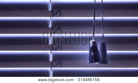 Closed Blinds, Located On The Window, Protect From The Sun During The Bright Day Or From The Neon Li