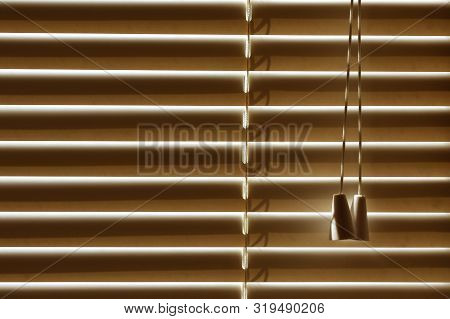 Closed Blinds, Located On The Window, Protect From The Sun During The Bright Day Or From The Neon Li