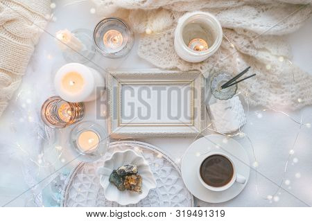 Details Of Still Life In The Home Interior. Aroma Stick, Interior Items, Candles, Frame For Text, Mo