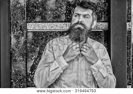 Barber Concept. Beard Grooming. Beard Care. Masculinity And Manliness. Man Attractive Bearded Hipste