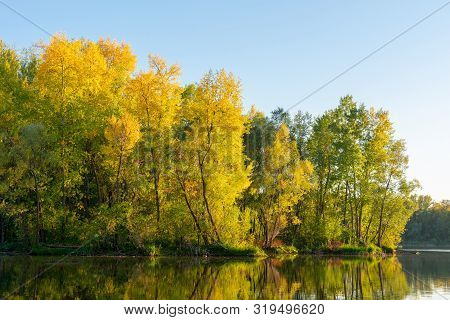 Beautiful Autumn Forest On The River Bank. Trees Are Reflected In The Water. Blue Sky And Sunlight A