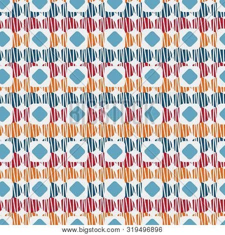 A Seamless Vector Abstract Pattern With Tetured Geometric Shapes In Blue White Red And Orange. Surfa