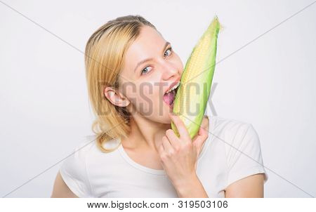 Healthy Teeth. Hunger. Agriculture Cultivation. Happy Woman Eat Corn. Vegetable Harvest. Farming, Fa
