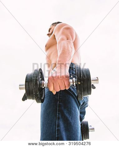 Healthy Lifestyle. Athletic Body. Dumbbell Gym. Fitness And Sport Equipment. Man Sportsman Weightlif