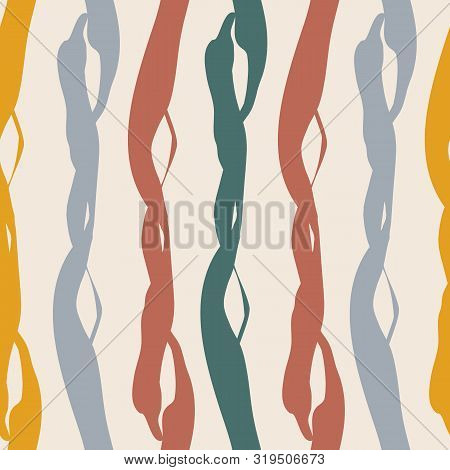 Painterly Weave Effect Vertical Stripes In Warm Tones Of Teal, Red Purple And Orange. Seamless Vecto