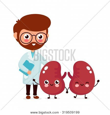 Cute Funny Smiling Doctor Nephrologist And Healthy Happy Kidneys. Healthcare,medical Help. Vector Fl