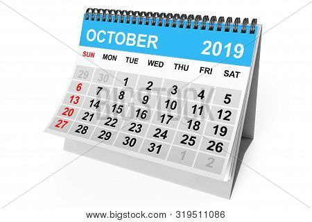 2019 Year Ocotober Calendar On A White Background. 3d Rendering
