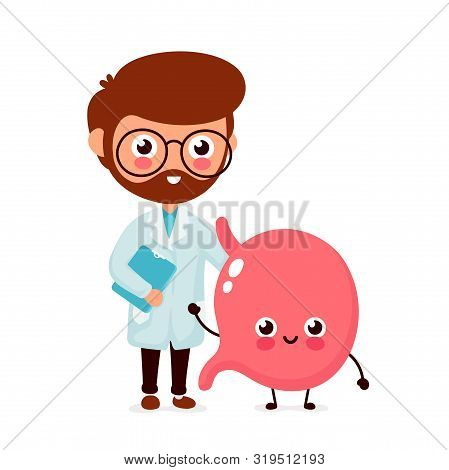Cute Funny Smiling Doctor Gastroenterologist And Healthy Happy Stomach.healthcare,medical Help. Vect