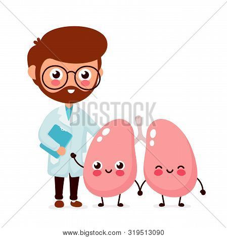 Cute Funny Smiling Doctor Pulmonologist And Healthy Happy Lungs.healthcare,medical Help. Vector Flat