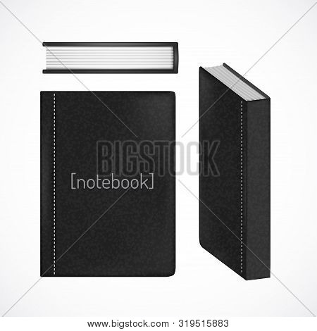 Set Of Bright Black Book Covers In Different Views. Three Dimensional Book.  Vector Illustration.