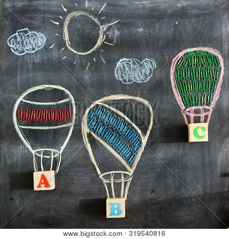 Back To School. Drawing Of Three Balloons Or Aerostats On A School Blackboard With The Letters Abc A
