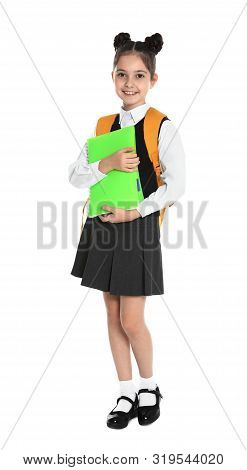 Happy Girl In School Uniform On White Background
