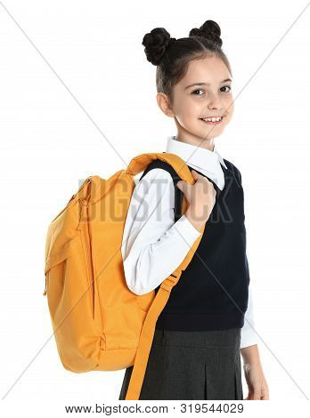 Happy Girl In School Uniform On White Background