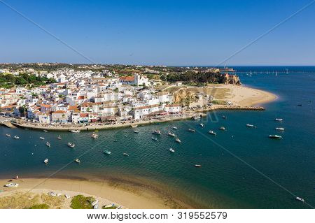 Ferragudo, Algarve, Portugal. Aerial Wide Drone View